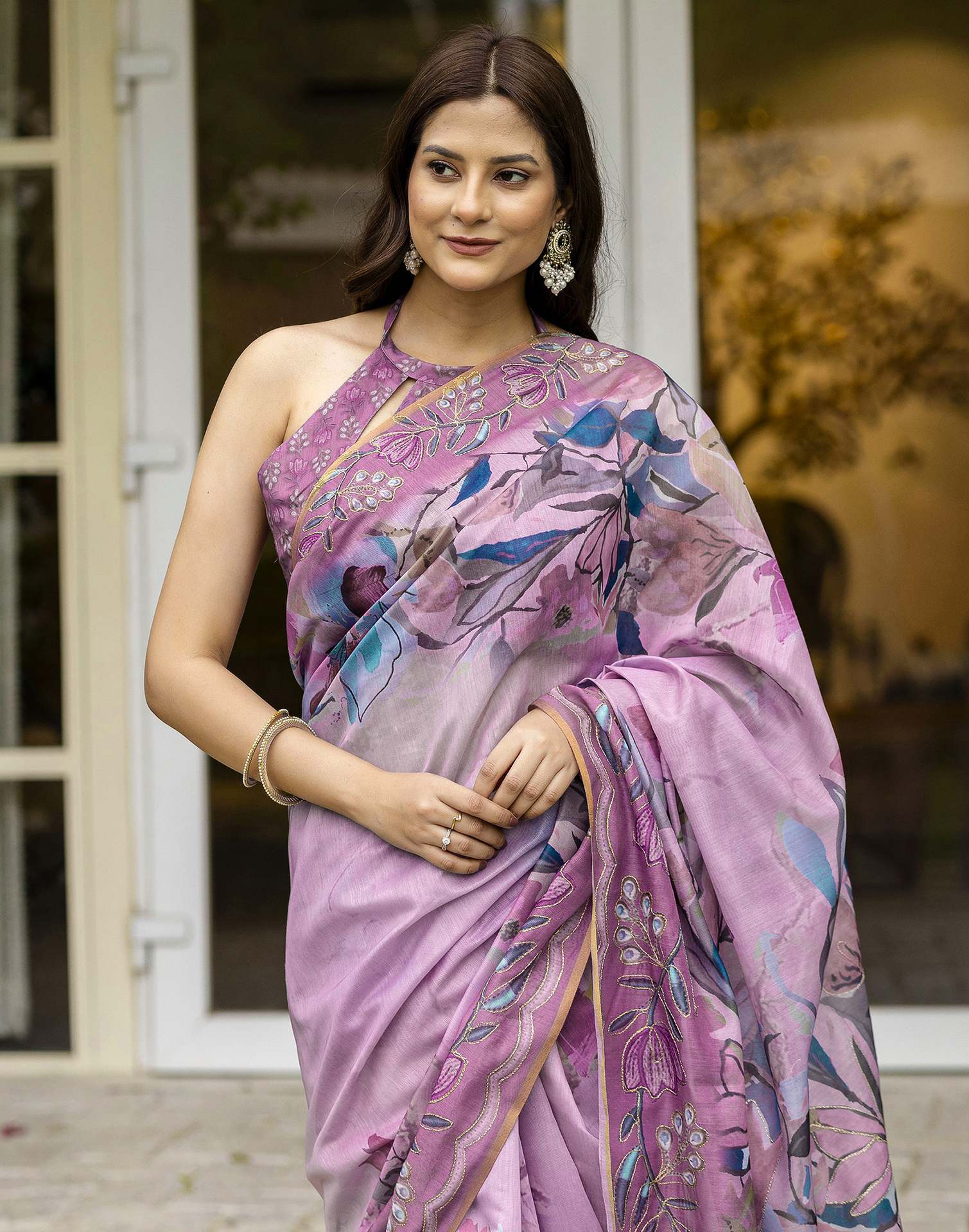 Pink Chanderi Floral Printed  Saree