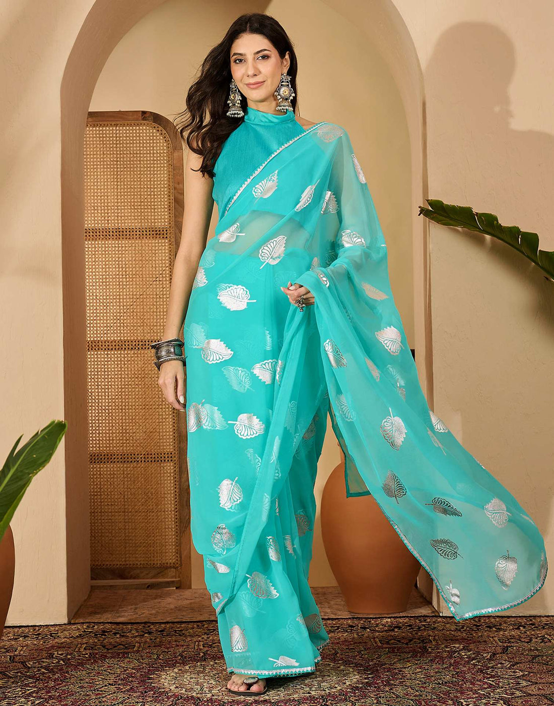 Turquoise Georgette Foil Printed Saree