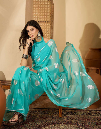 Turquoise Georgette Foil Printed Saree