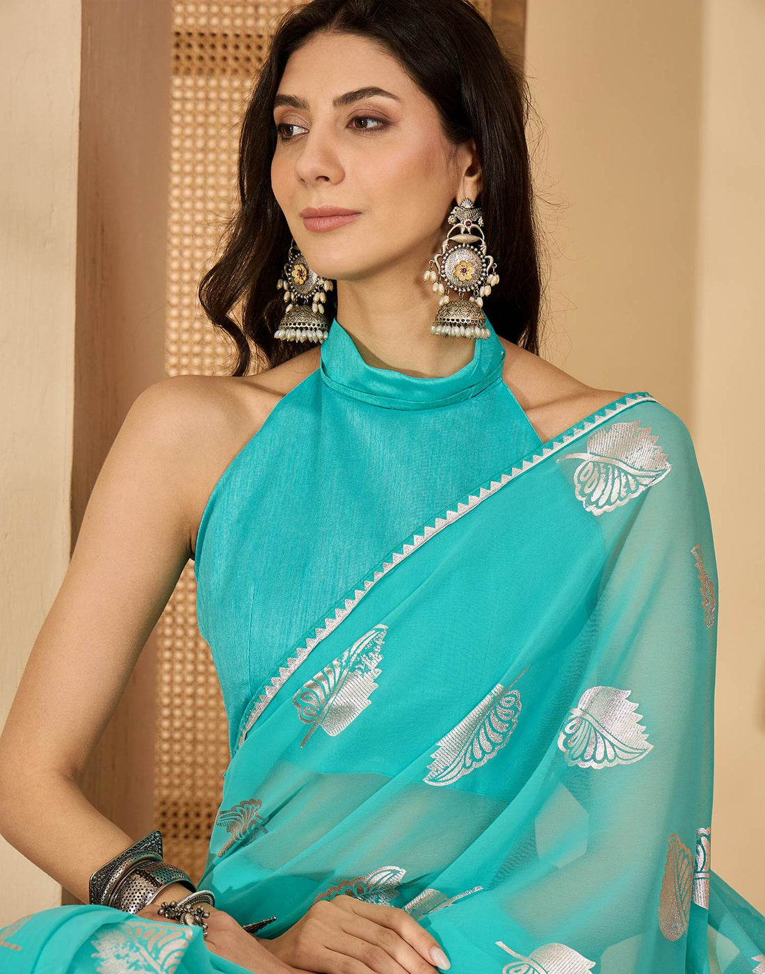 Turquoise Georgette Foil Printed Saree