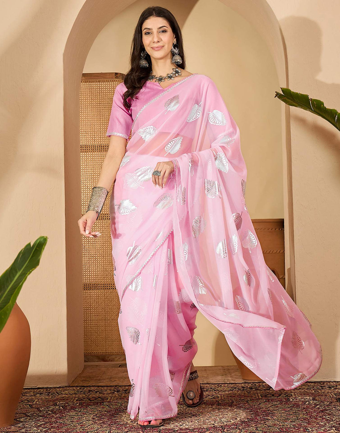 Light Pink Georgette Foil Printed Saree