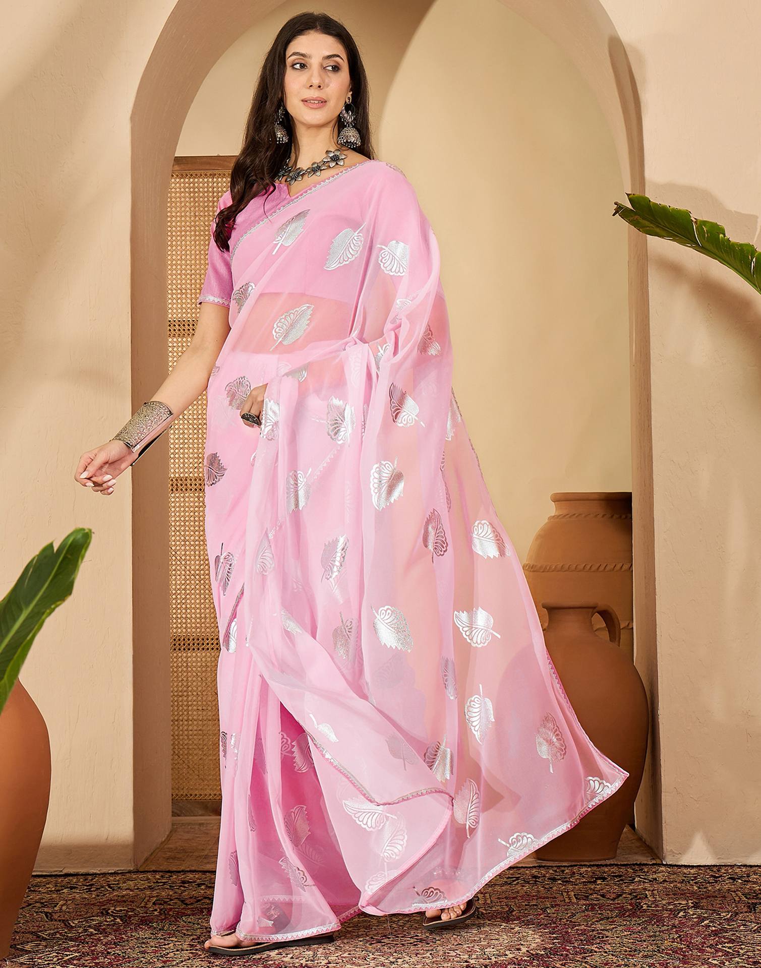 Light Pink Georgette Foil Printed Saree