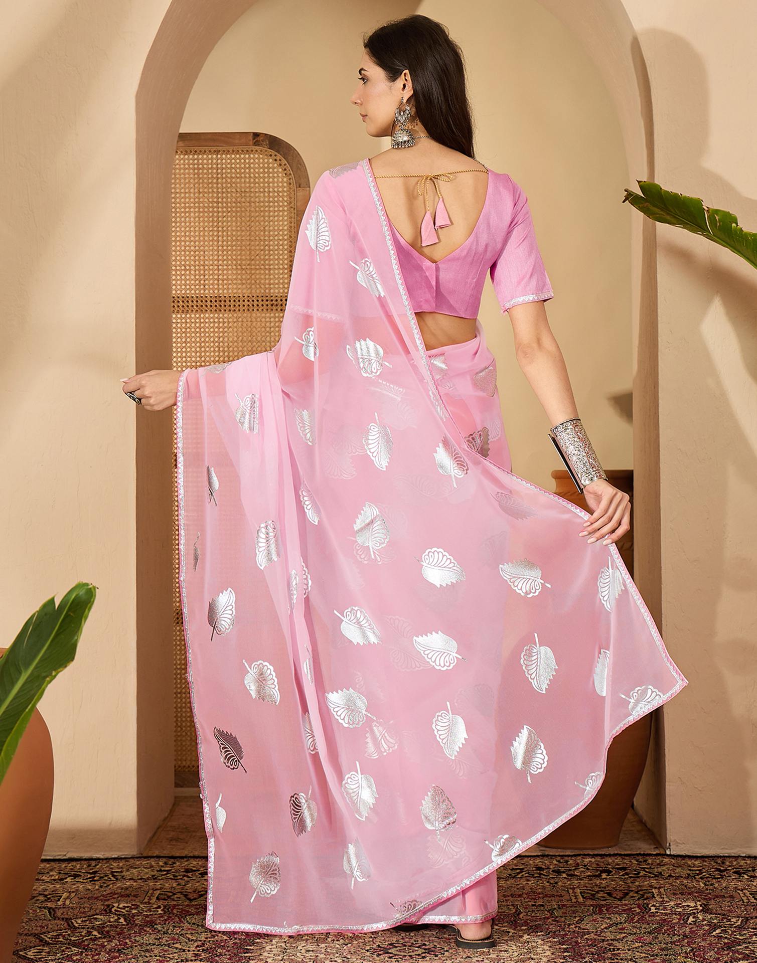 Light Pink Georgette Foil Printed Saree