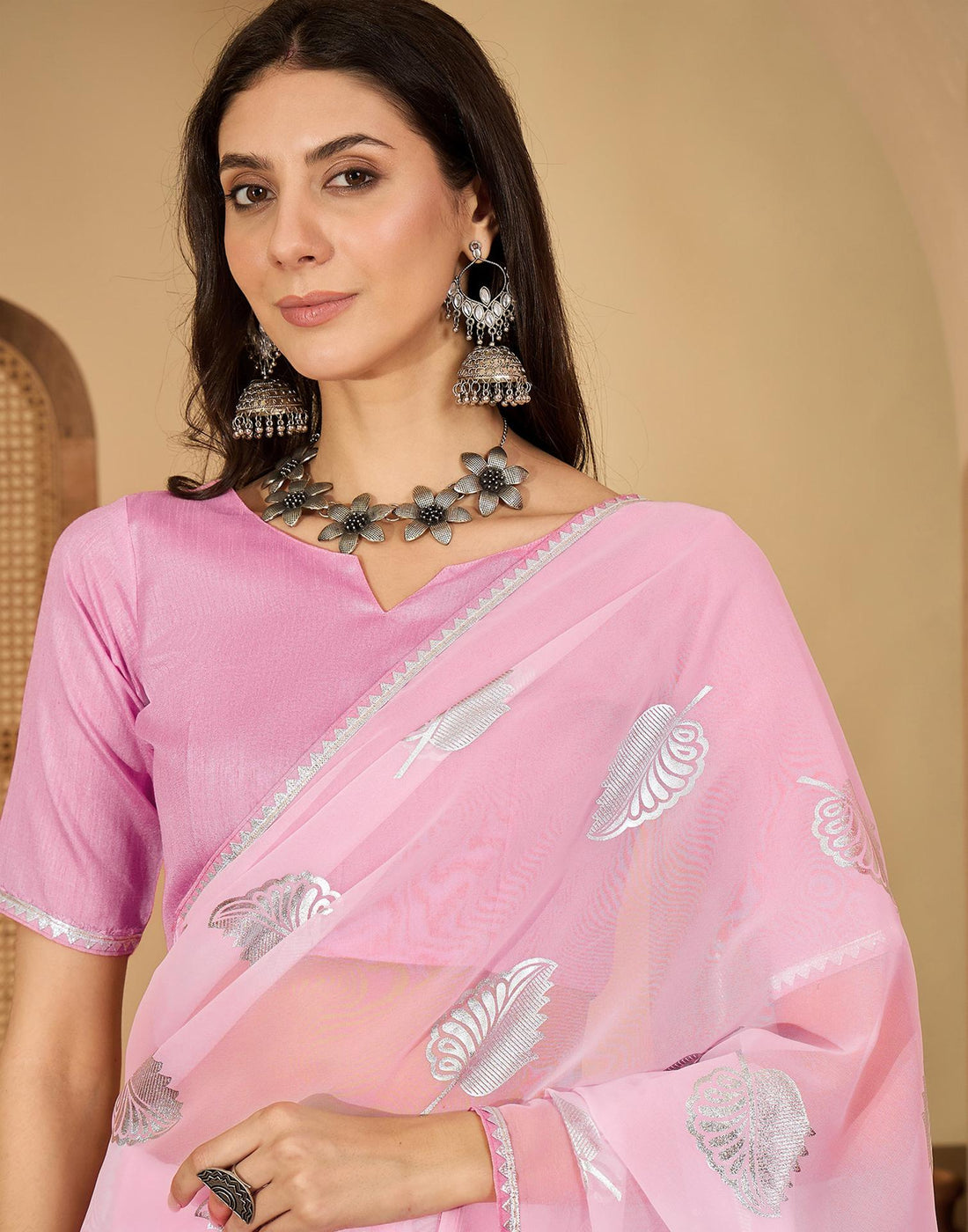 Light Pink Georgette Foil Printed Saree