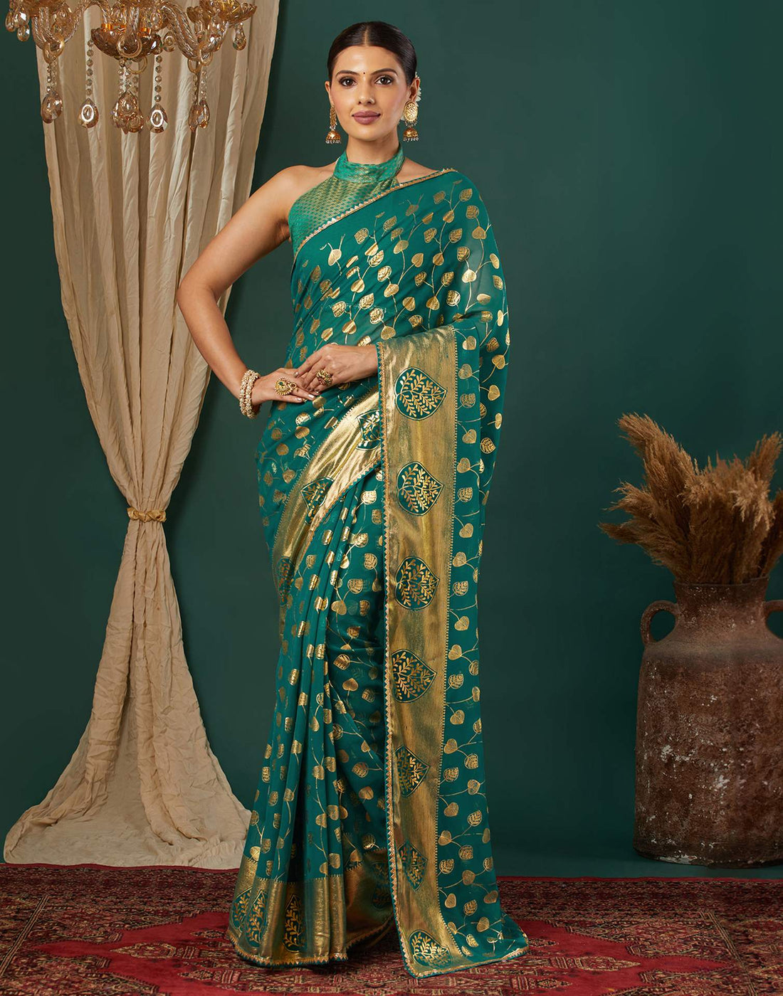 Teal Green Georgette Foil Printed Saree