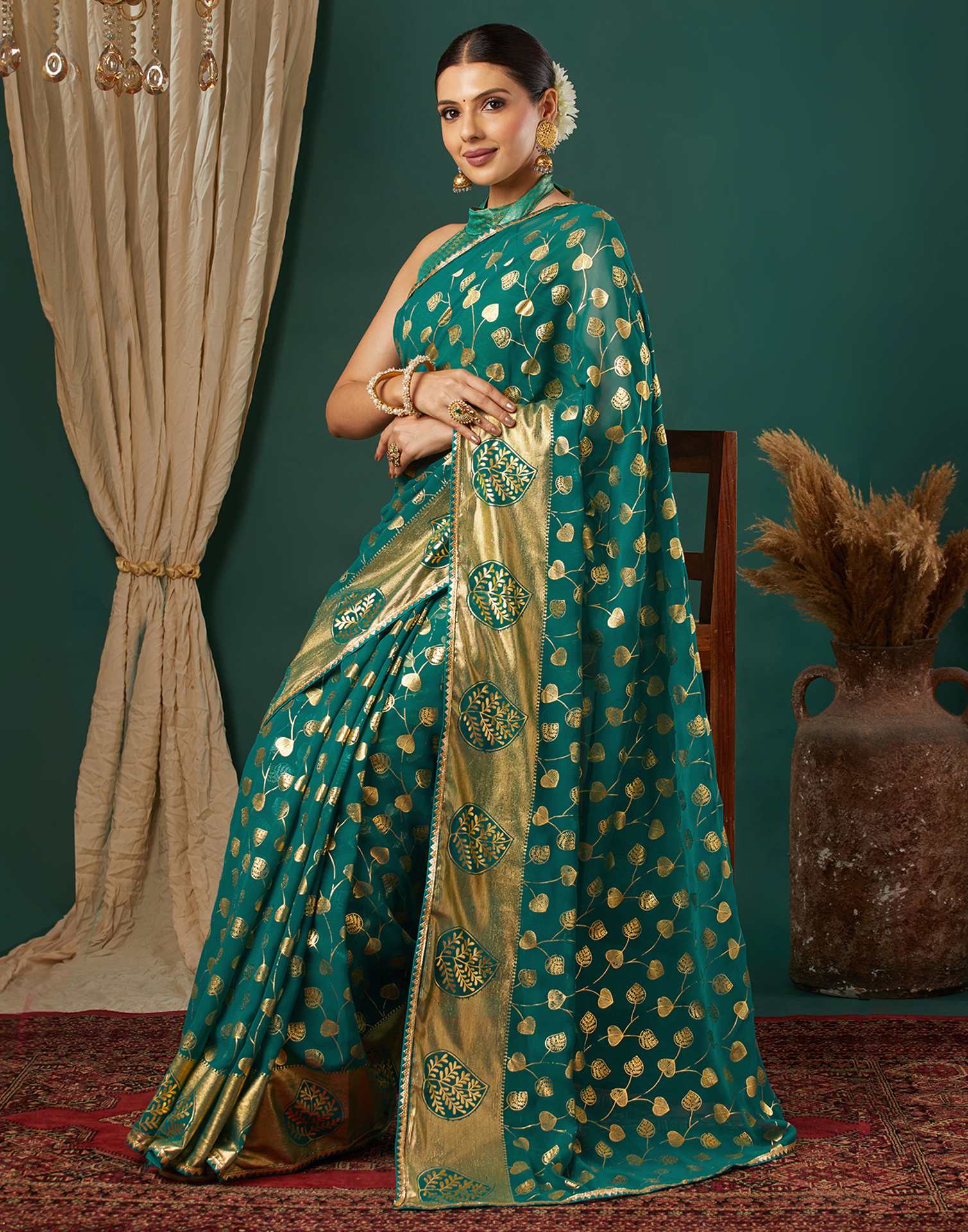 Teal Green Georgette Foil Printed Saree