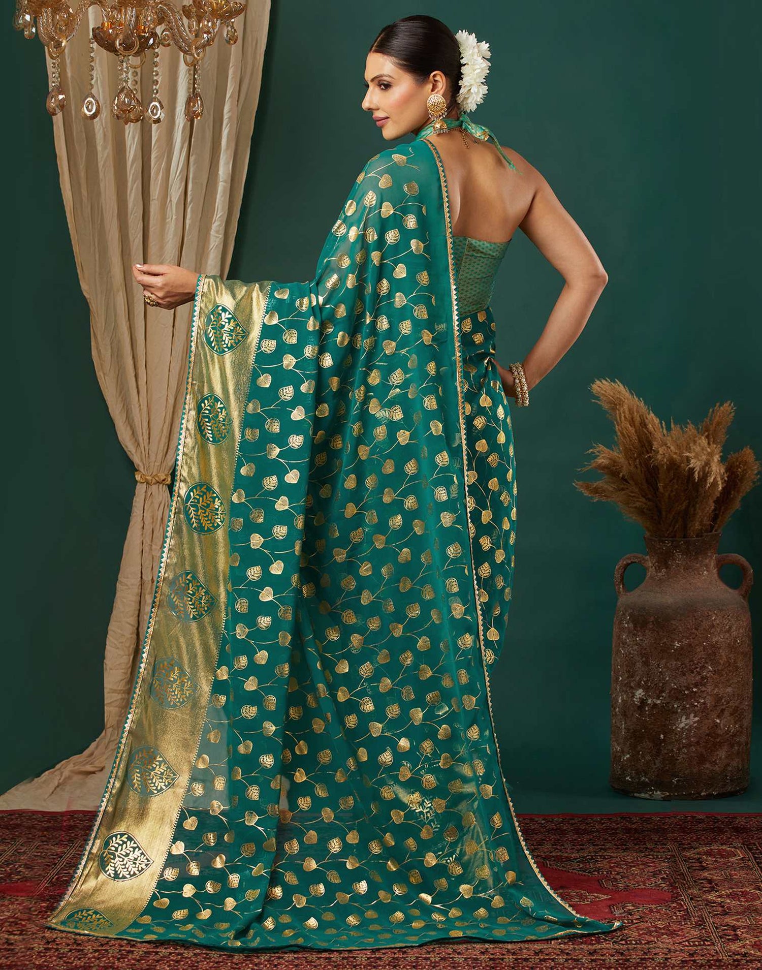 Teal Green Georgette Foil Printed Saree