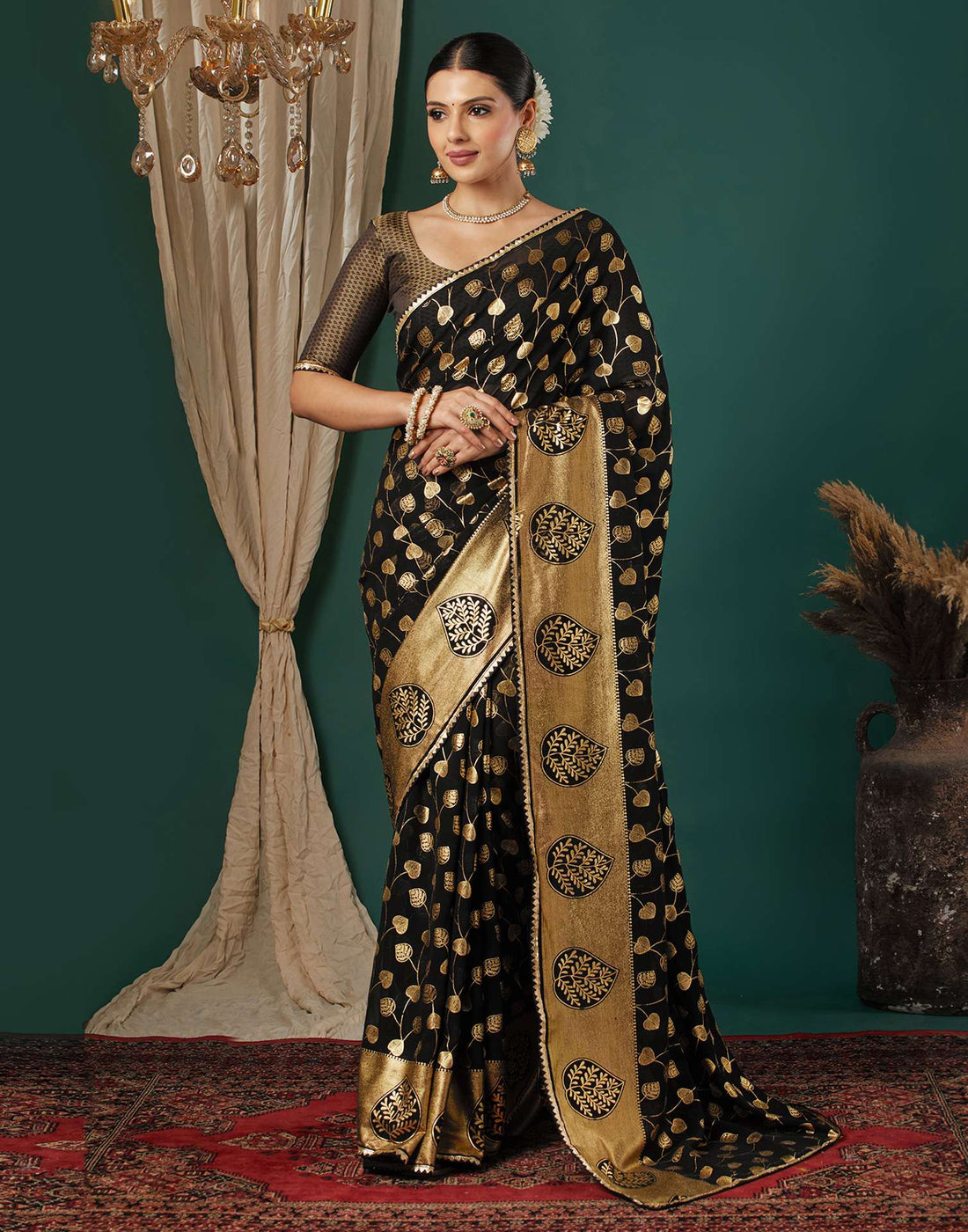 Black Georgette Foil Printed Saree