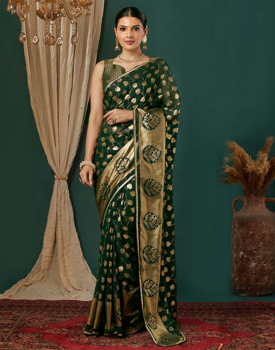 Dark Green Georgette Foil Printed Saree