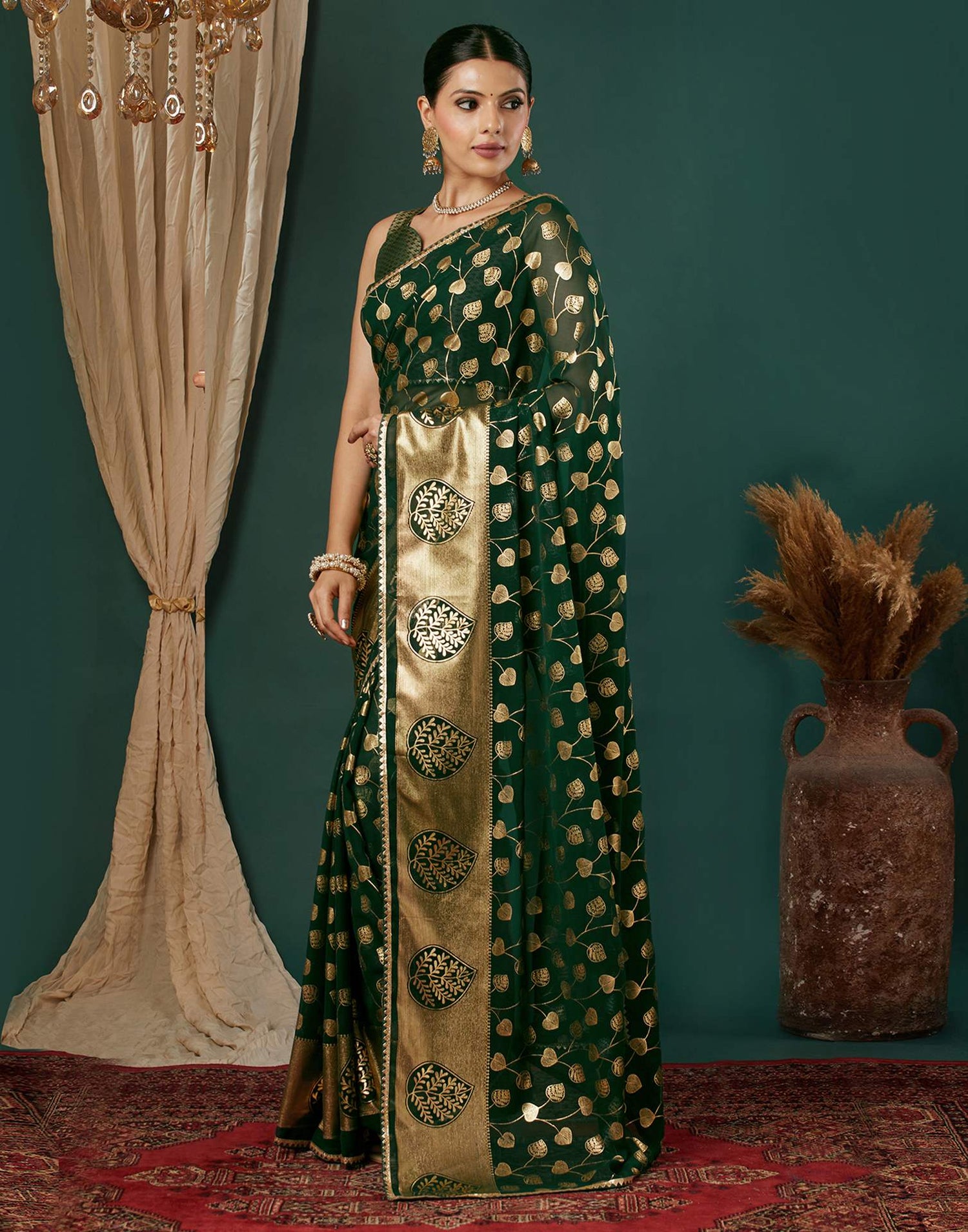 Dark Green Georgette Foil Printed Saree