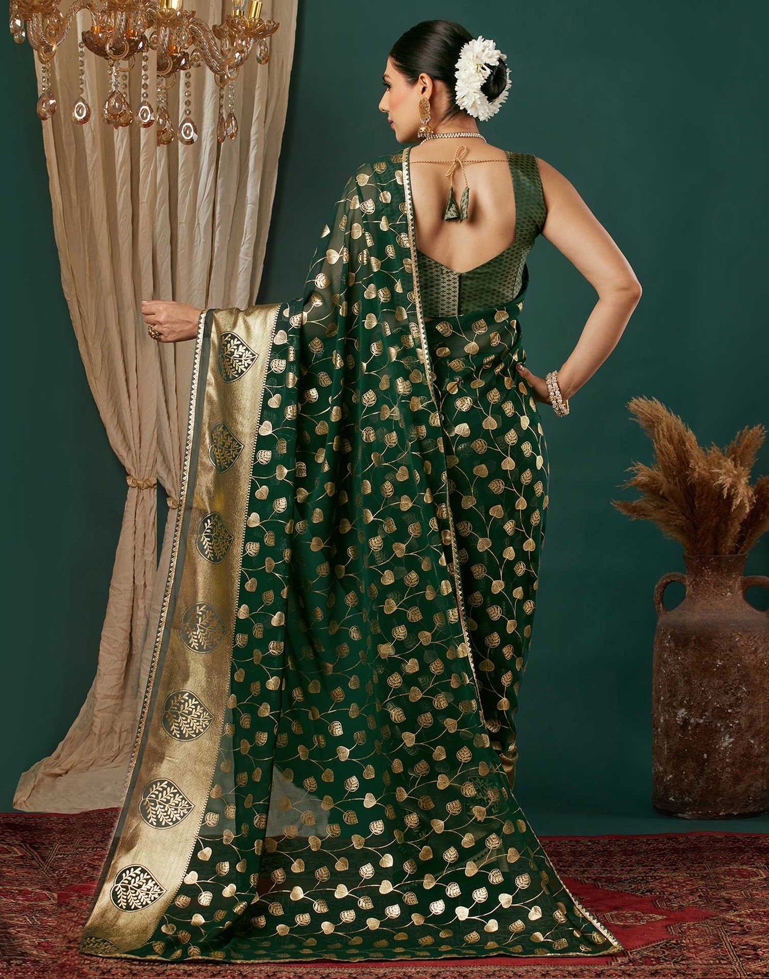 Dark Green Georgette Foil Printed Saree