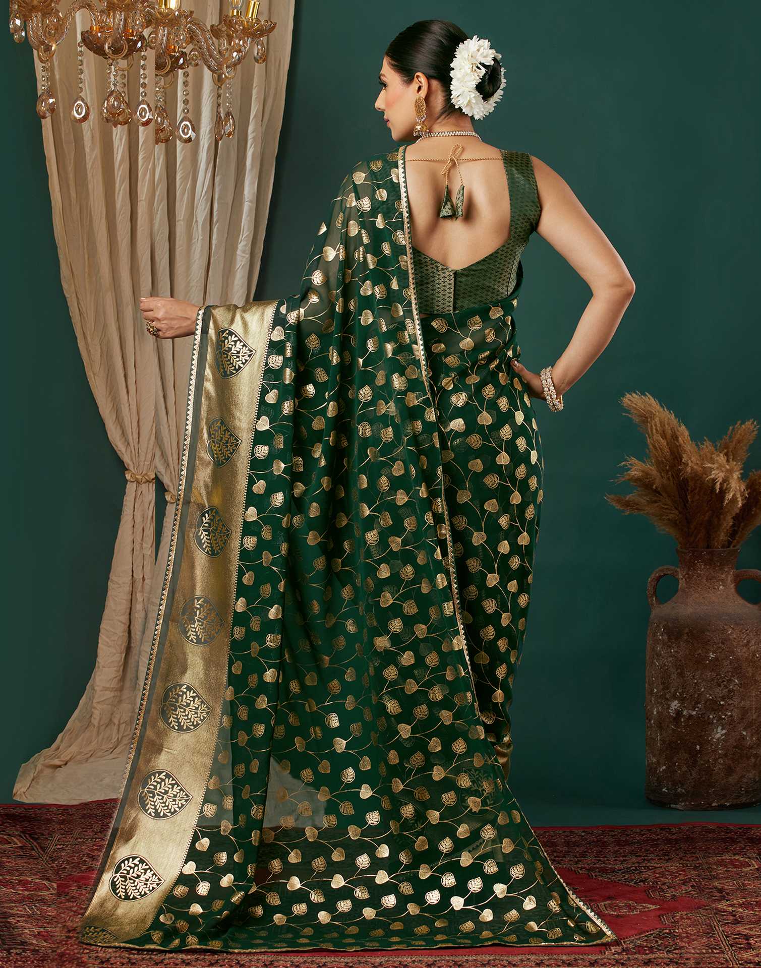 Dark Green Georgette Foil Printed Saree
