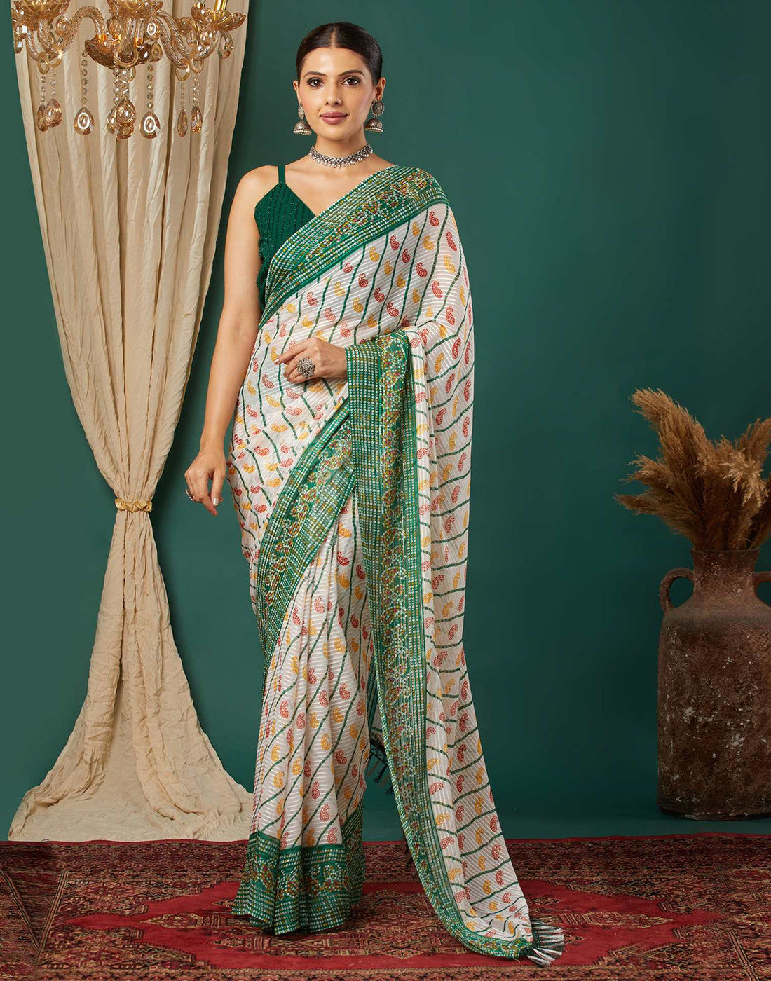 Dark Green Georgette Bandhani Printed Saree