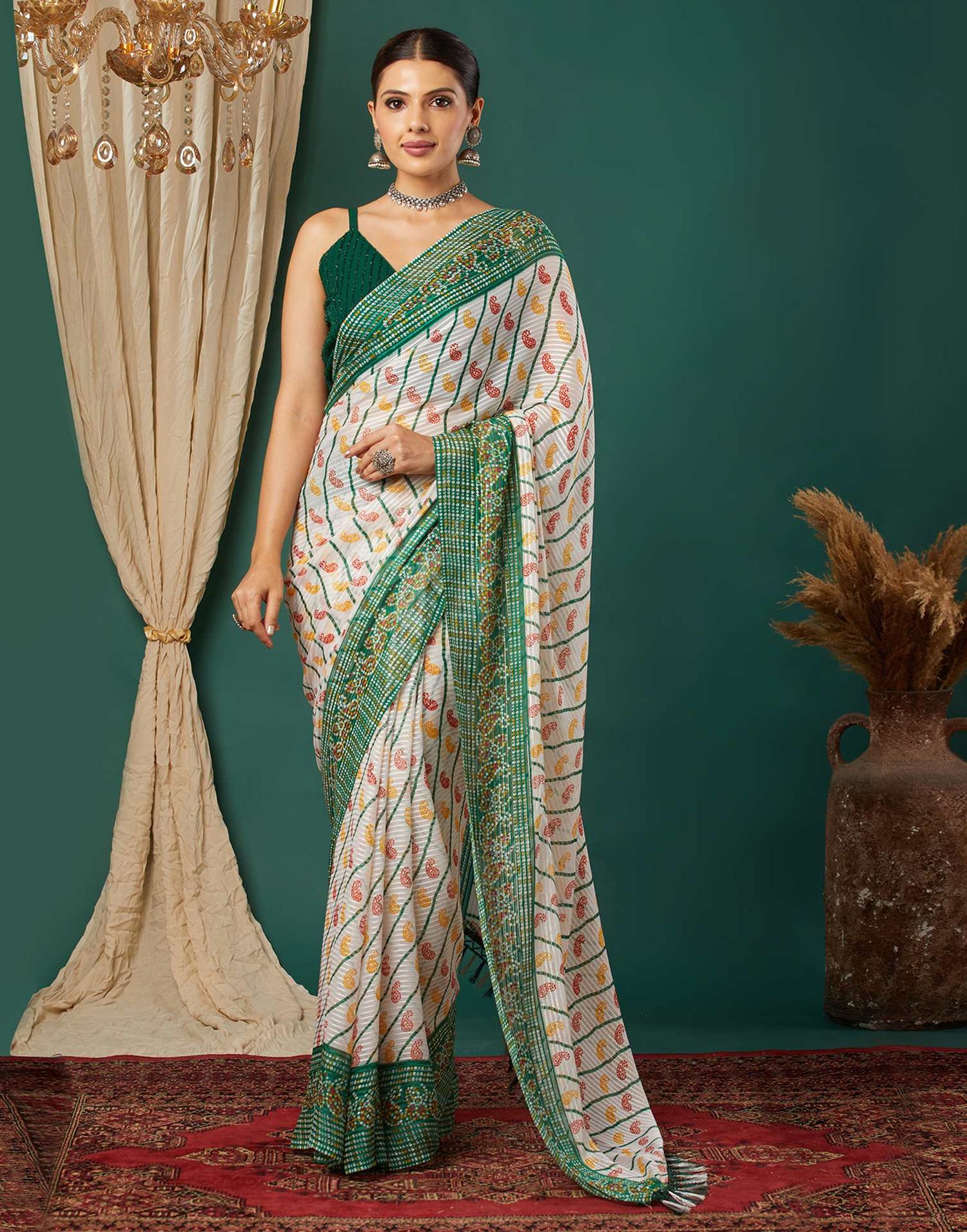 Dark Green Georgette Bandhani Printed Saree