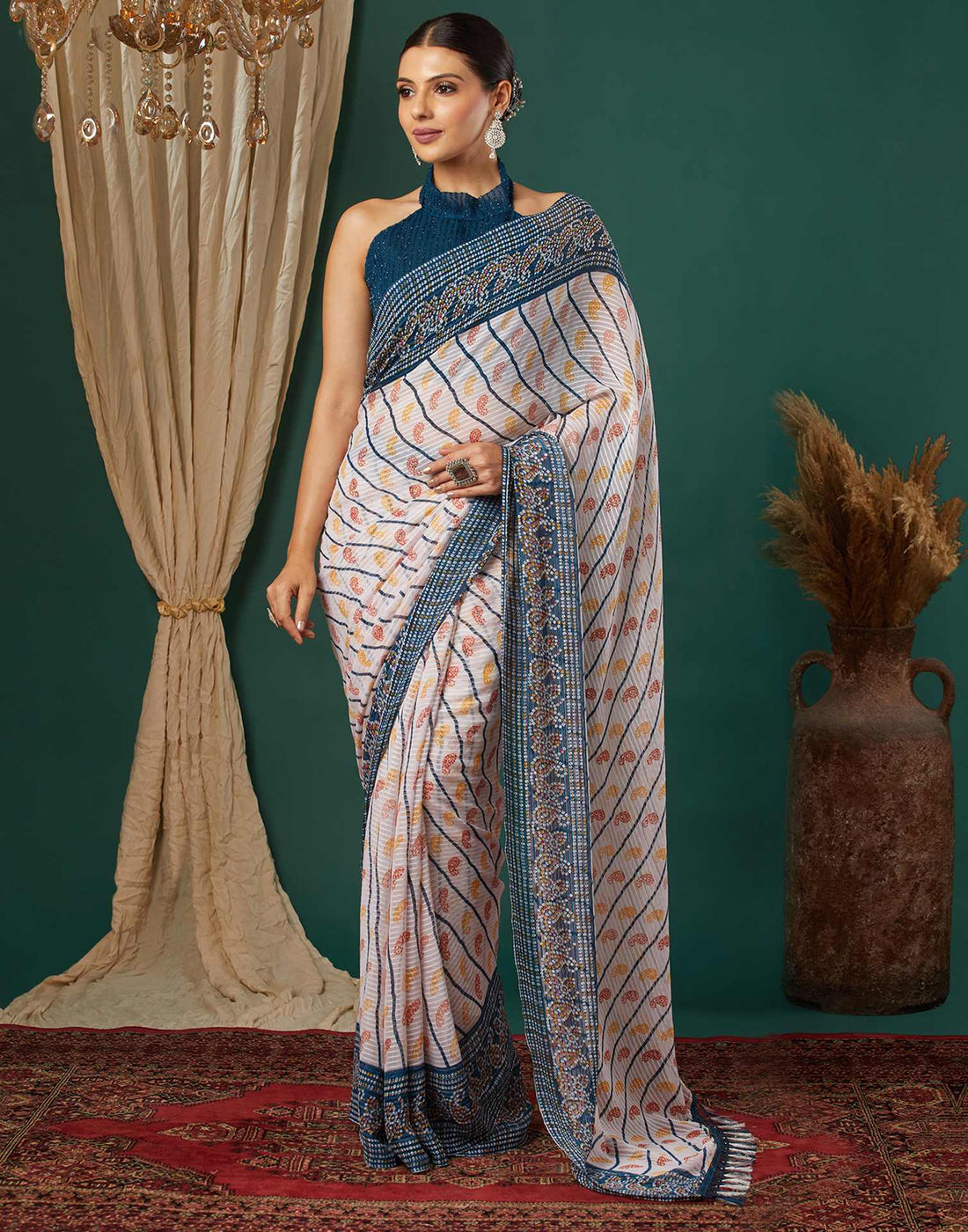 Rama Blue Georgette Bandhani Printed Saree