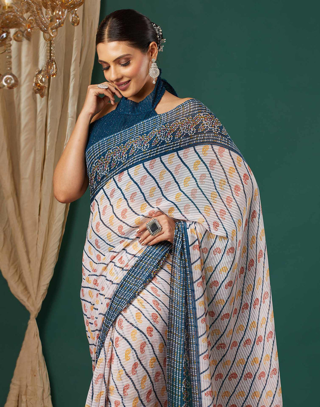 Rama Blue Georgette Bandhani Printed Saree