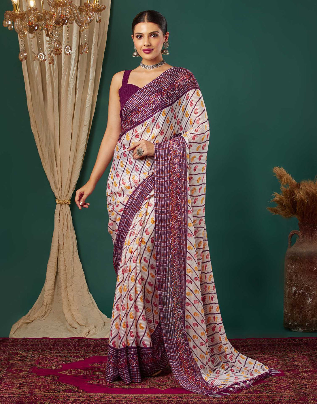 Wine Georgette Bandhani Printed Saree