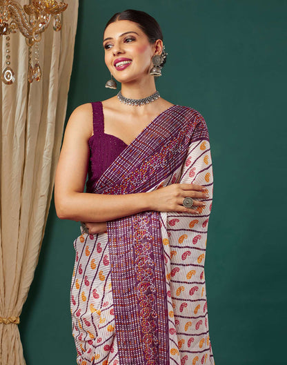Wine Georgette Bandhani Printed Saree