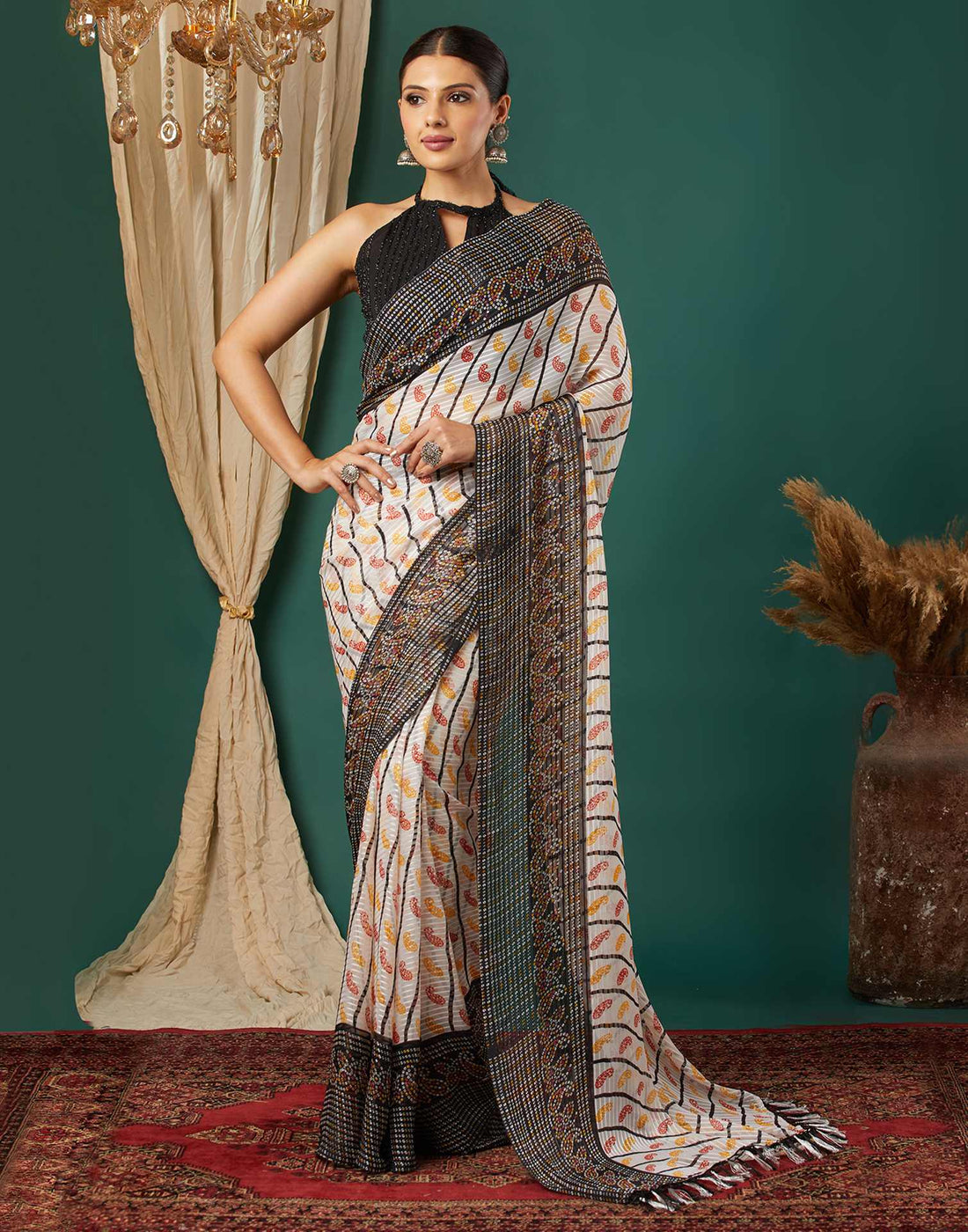 Black Georgette Bandhani Printed Saree