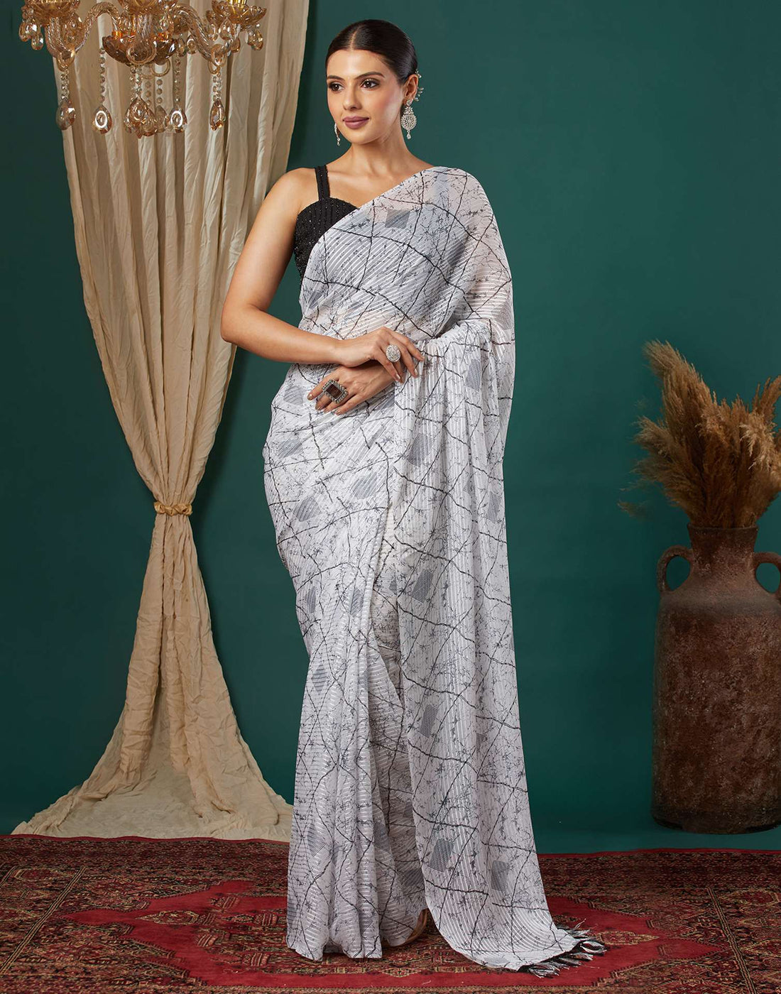 White Georgette Printed Saree