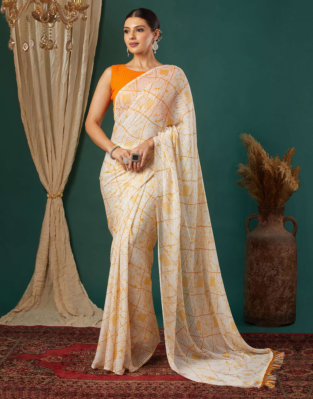 White Georgette Printed Saree