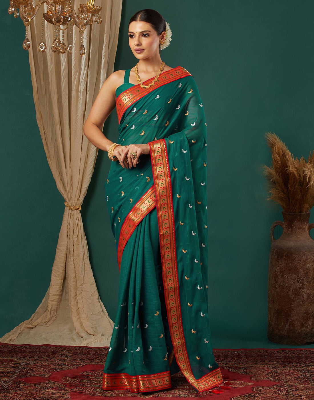 Rama Green Georgette Embroidery Saree