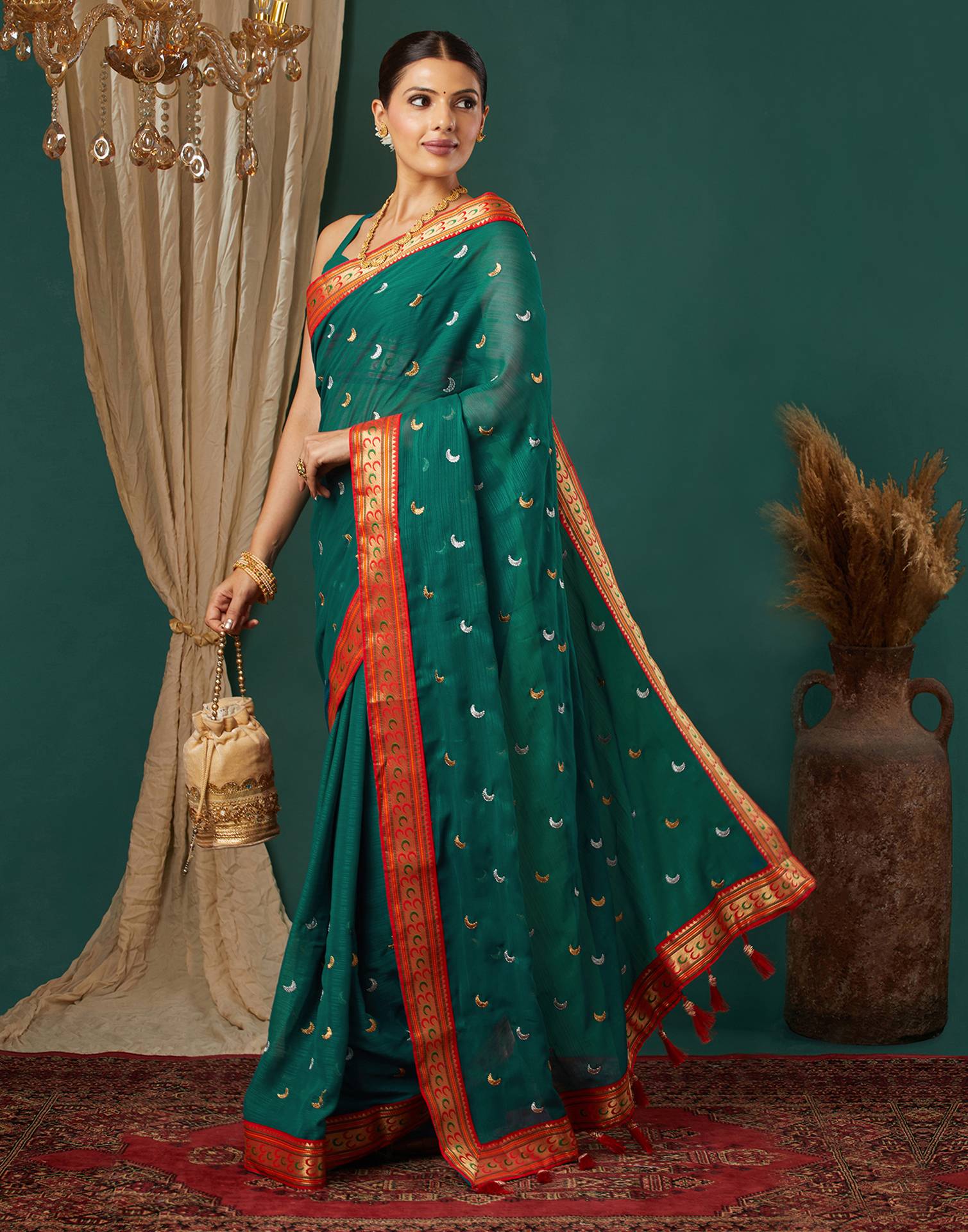 Rama Green Georgette Embroidery Saree