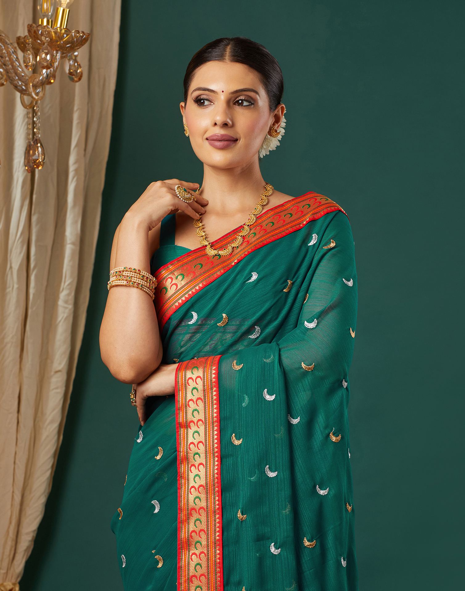 Rama Green Georgette Embroidery Saree