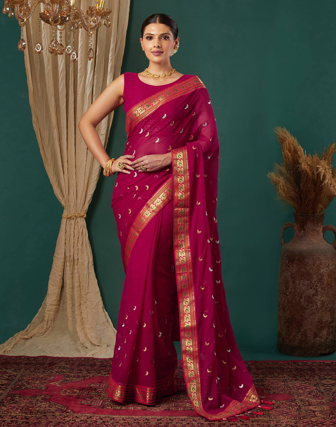 Rani Pink Georgette Embroidery Saree