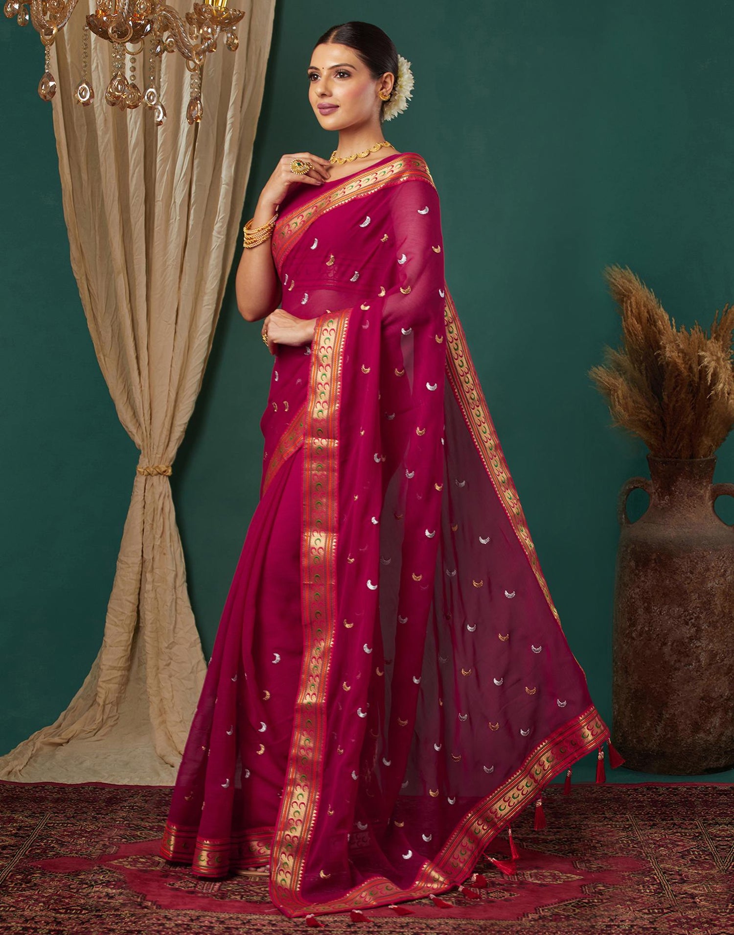 Rani Pink Georgette Embroidery Saree