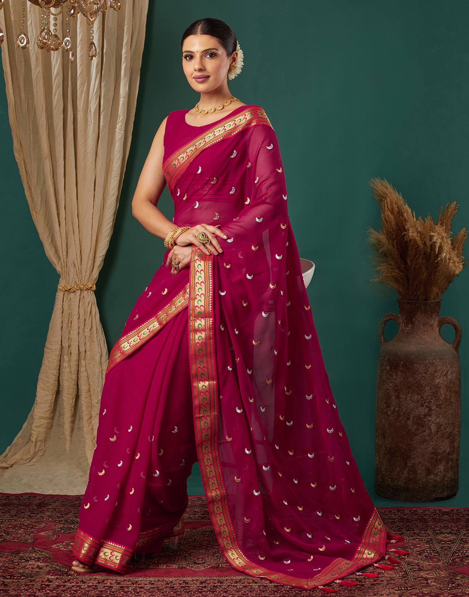 Rani Pink Georgette Embroidery Saree