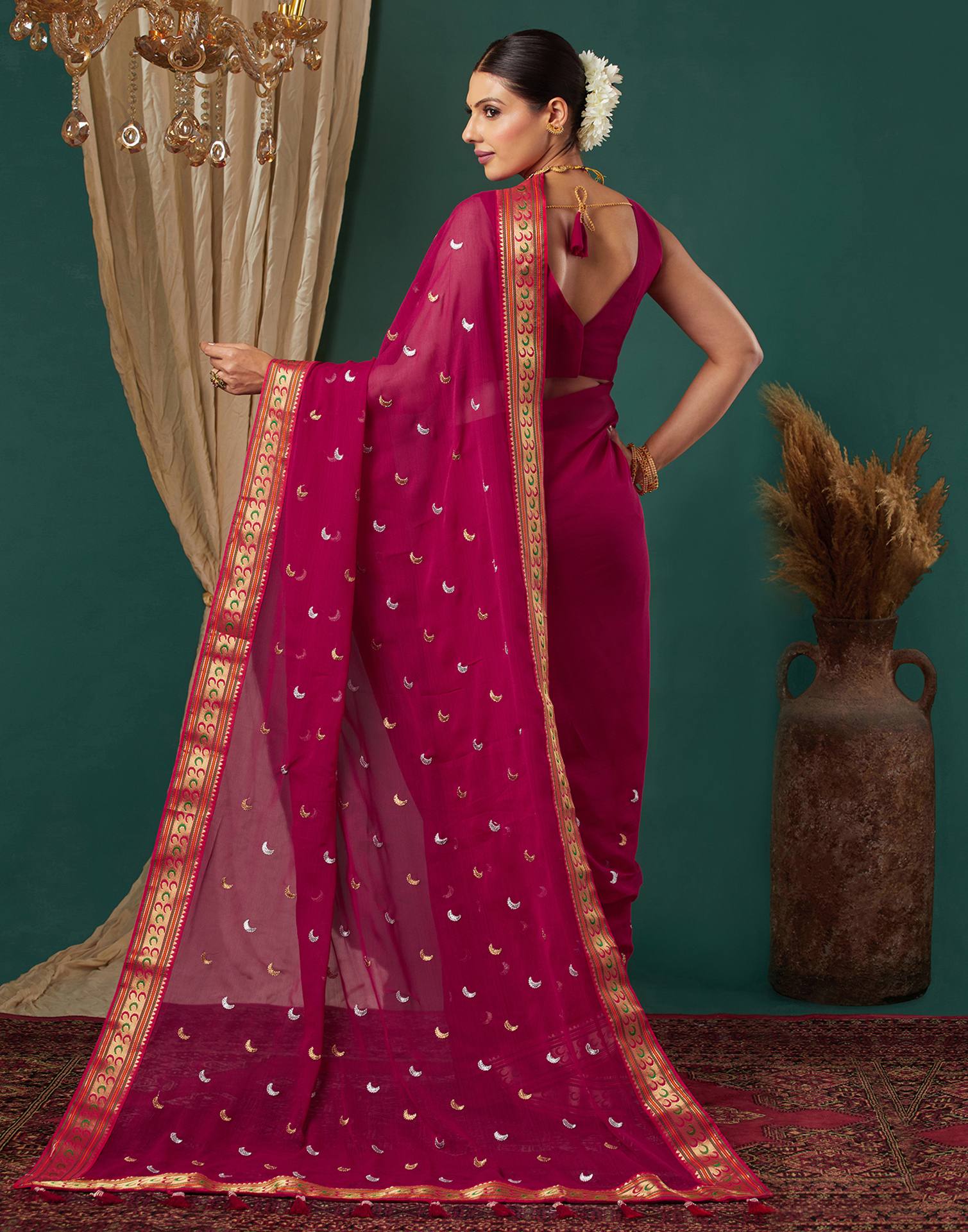 Rani Pink Georgette Embroidery Saree