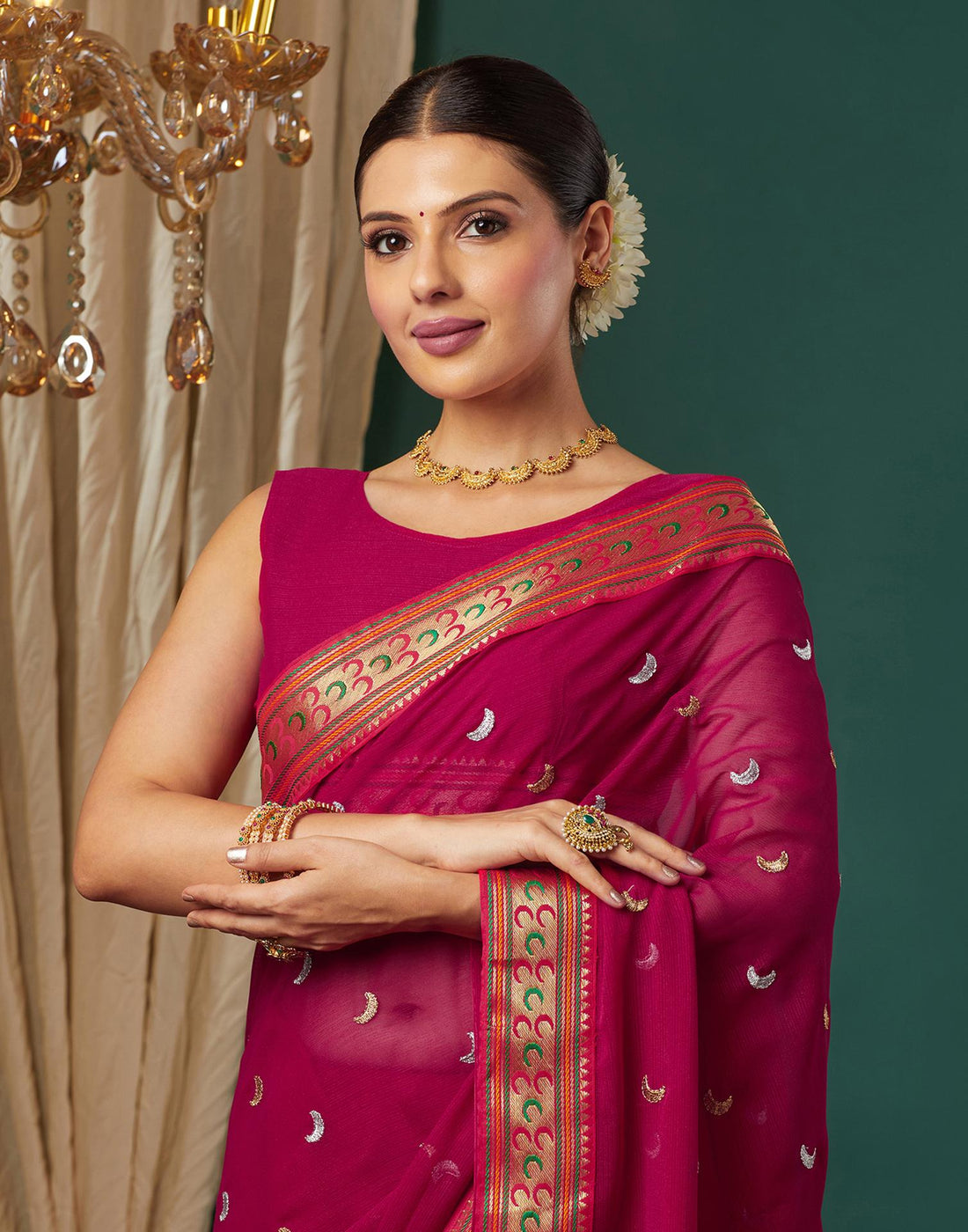 Rani Pink Georgette Embroidery Saree