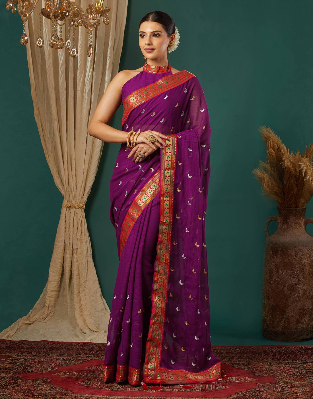 Dark Purple Georgette Embroidery Saree