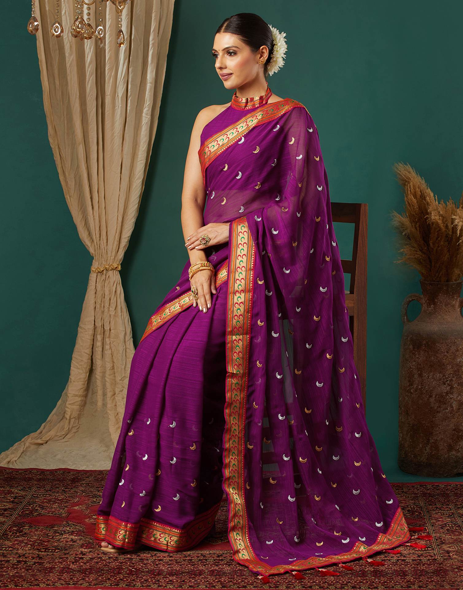 Dark Purple Georgette Embroidery Saree