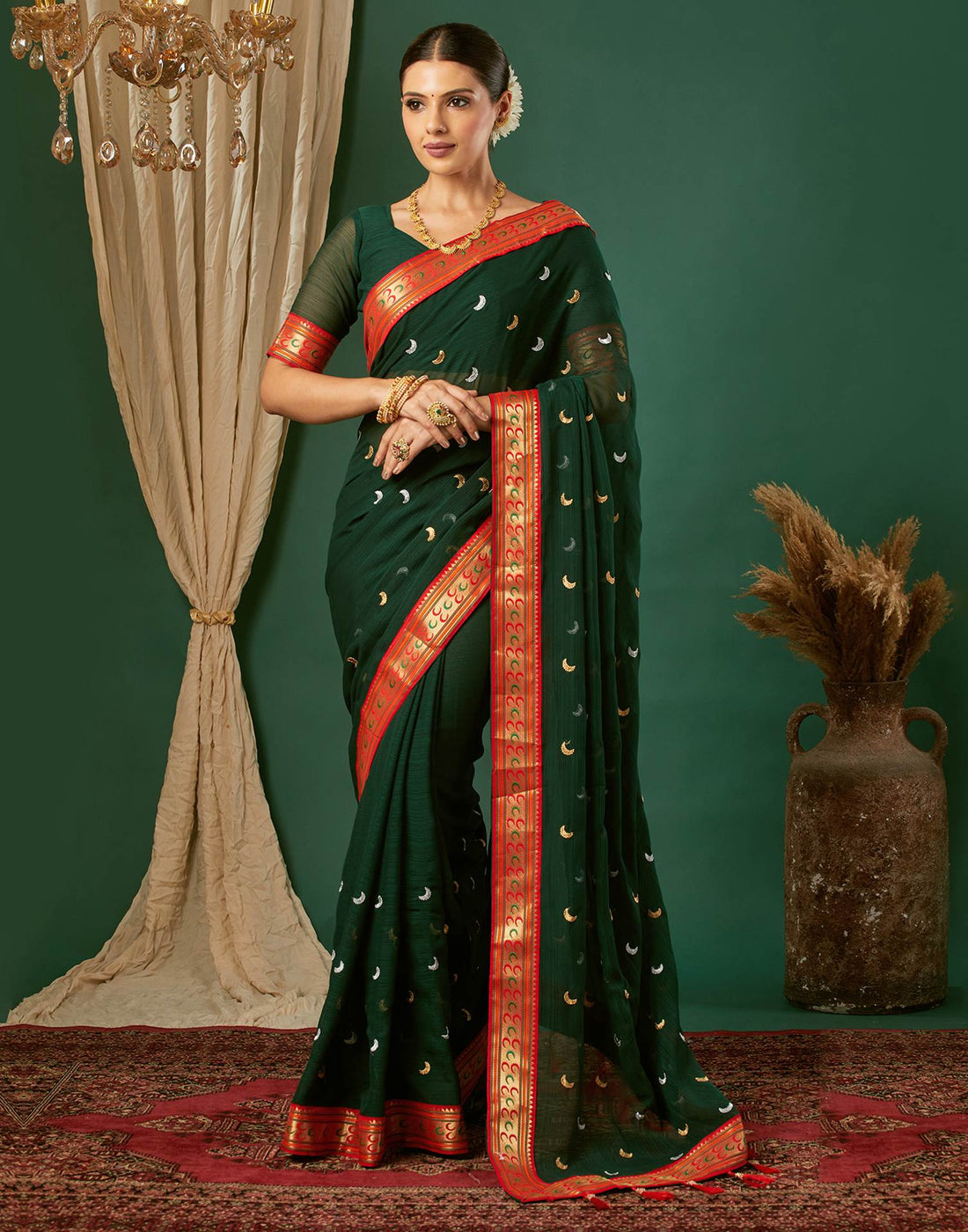 Dark Green Georgette Embroidery Saree