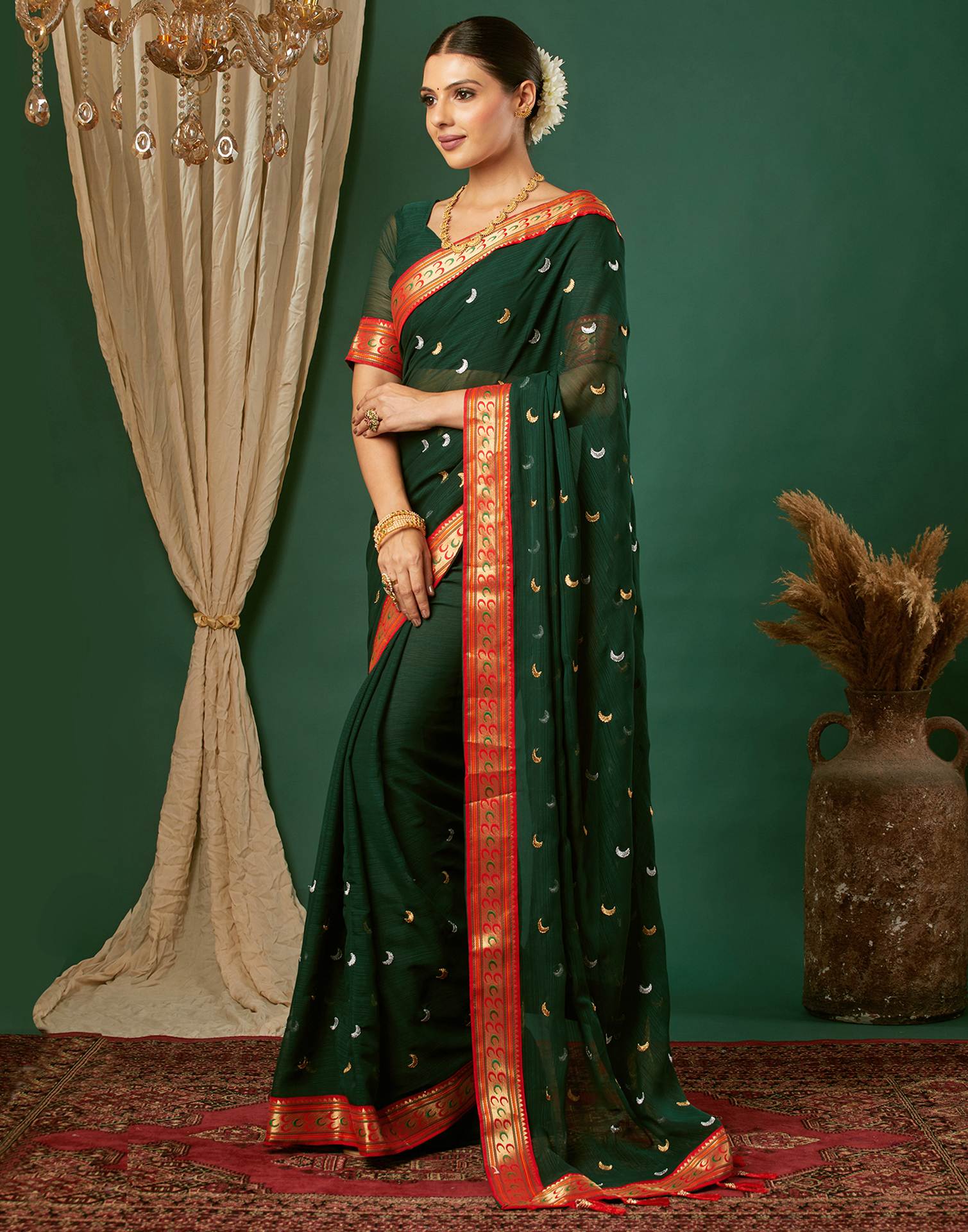 Dark Green Georgette Embroidery Saree