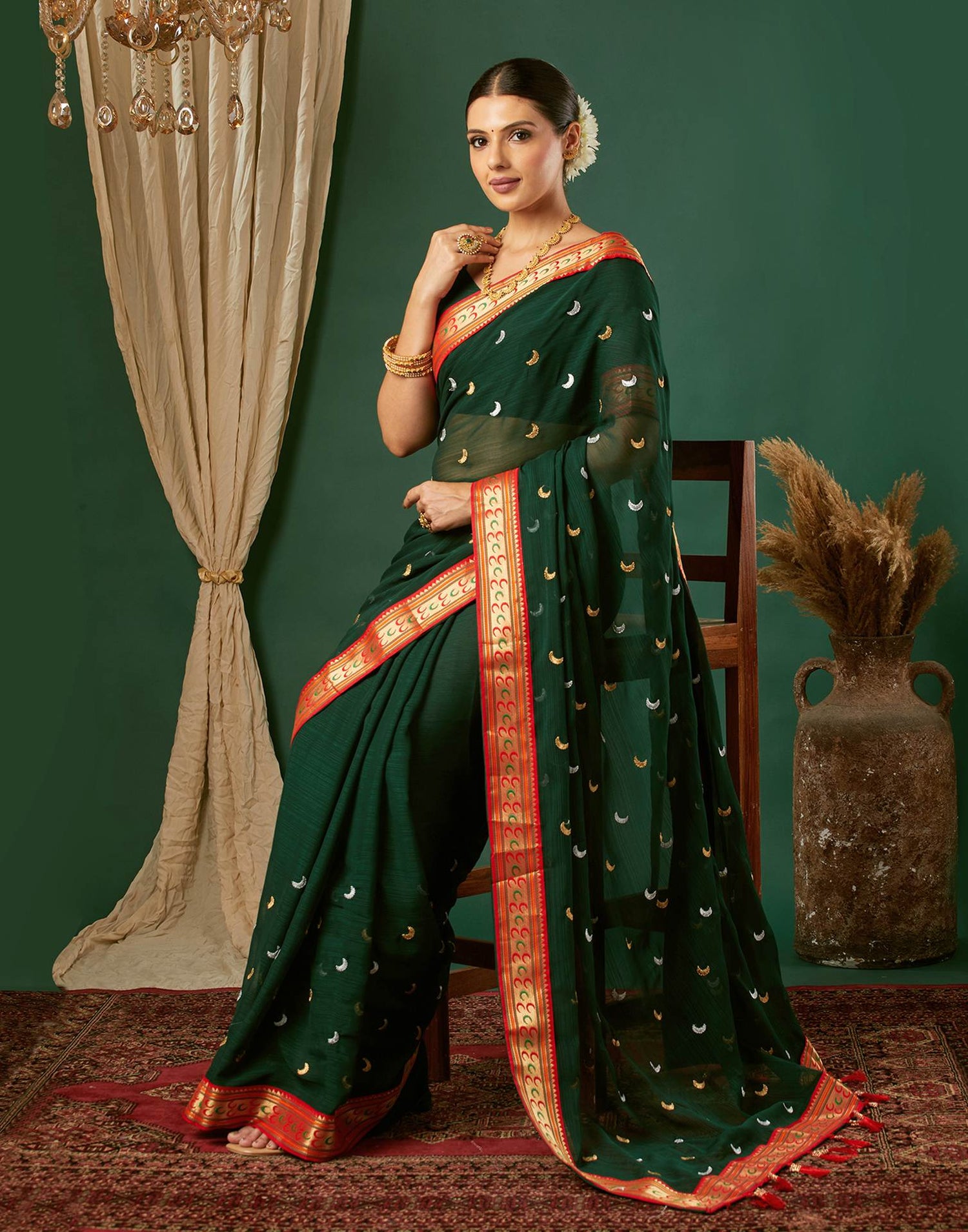 Dark Green Georgette Embroidery Saree