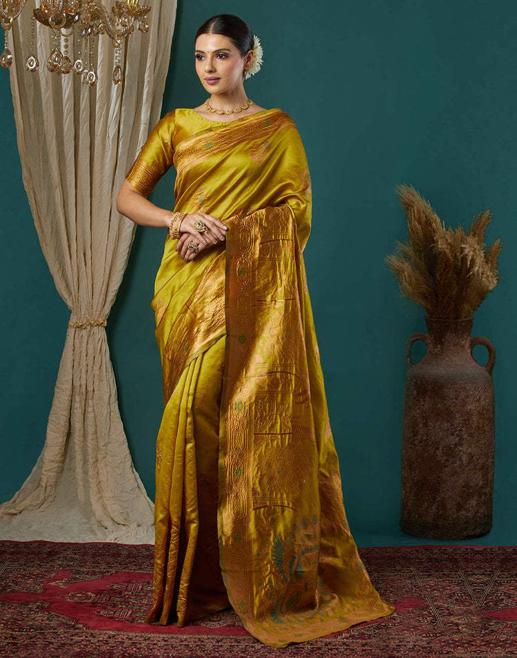Mustard Green Silk Woven Banarasi Saree