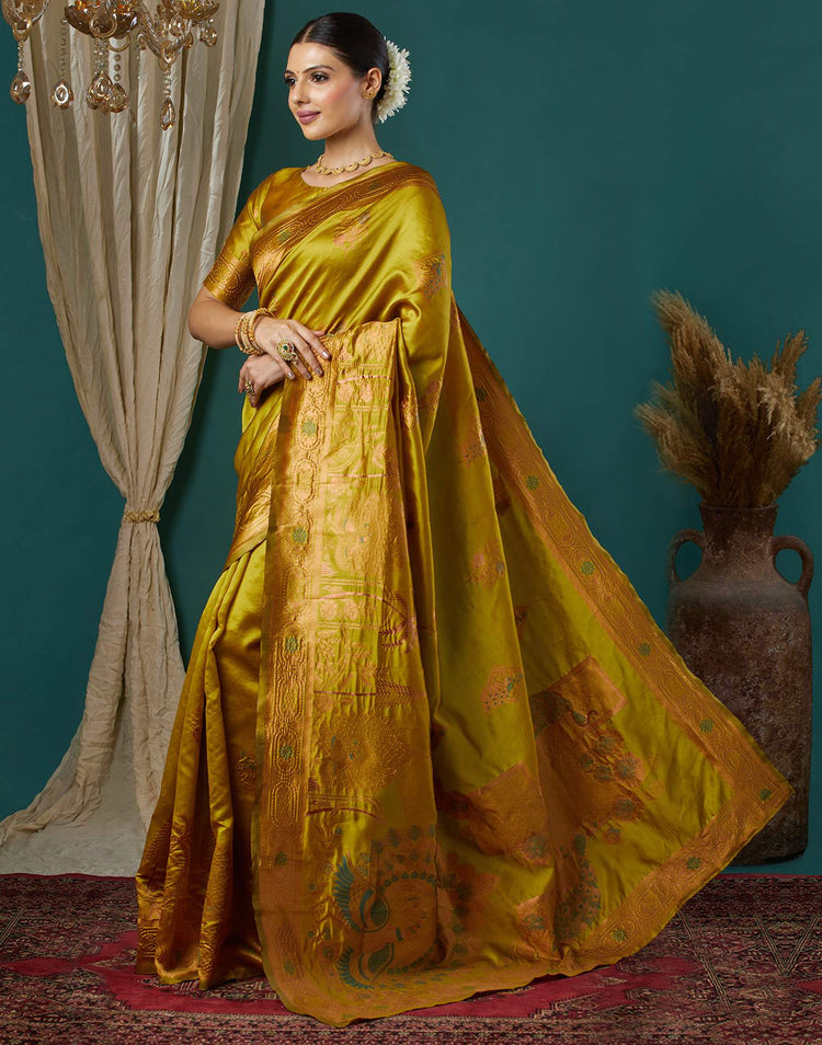 Mustard Green Silk Woven Banarasi Saree