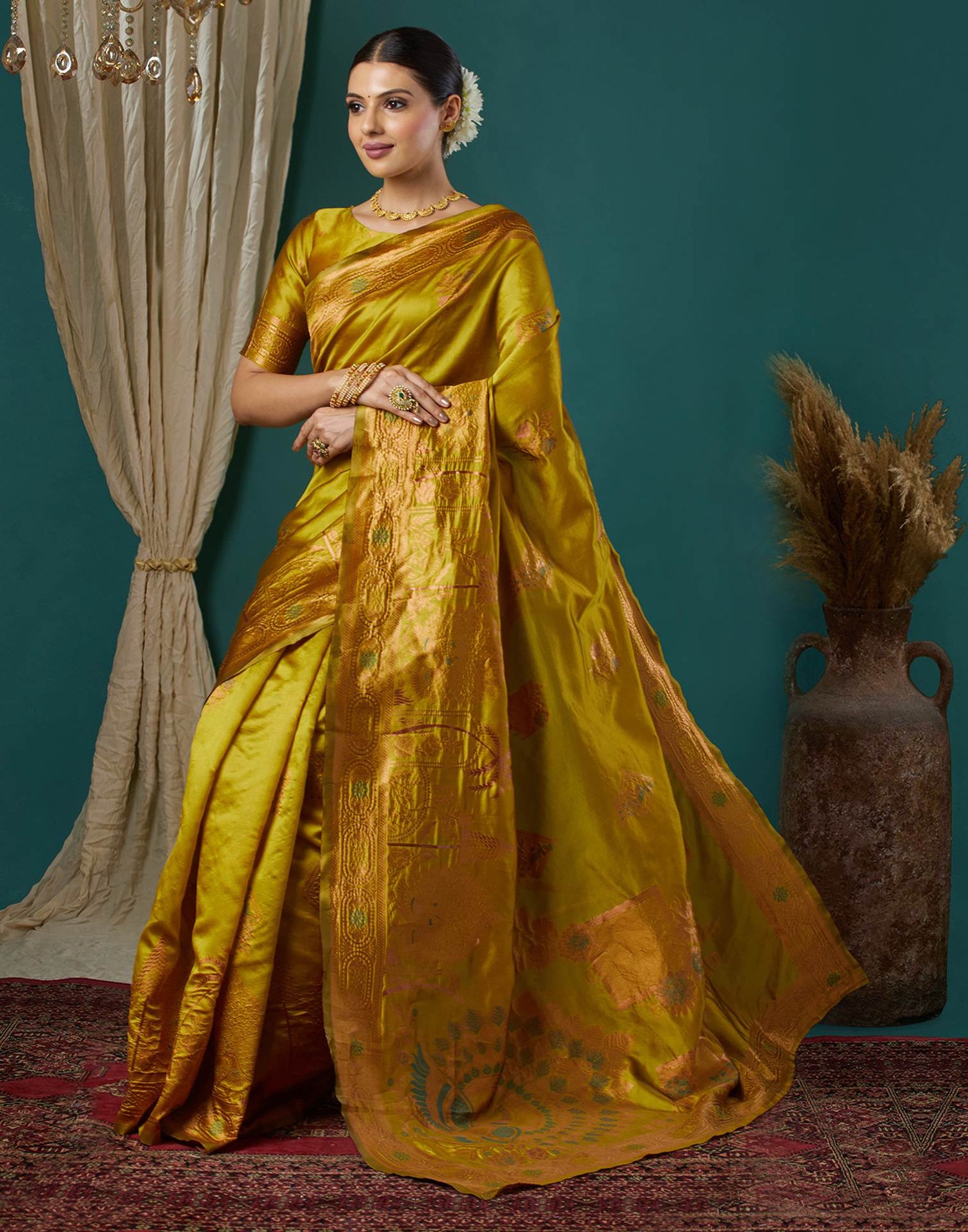 Mustard Yellow Silk Woven Banarasi Saree