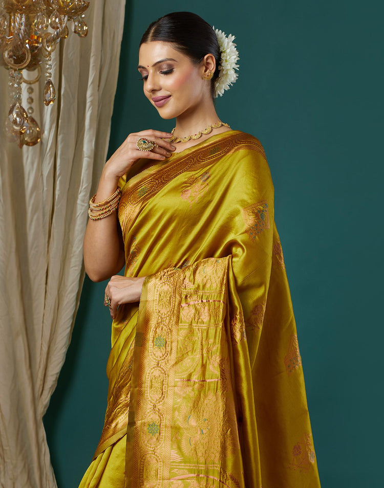 Mustard Green Silk Woven Banarasi Saree