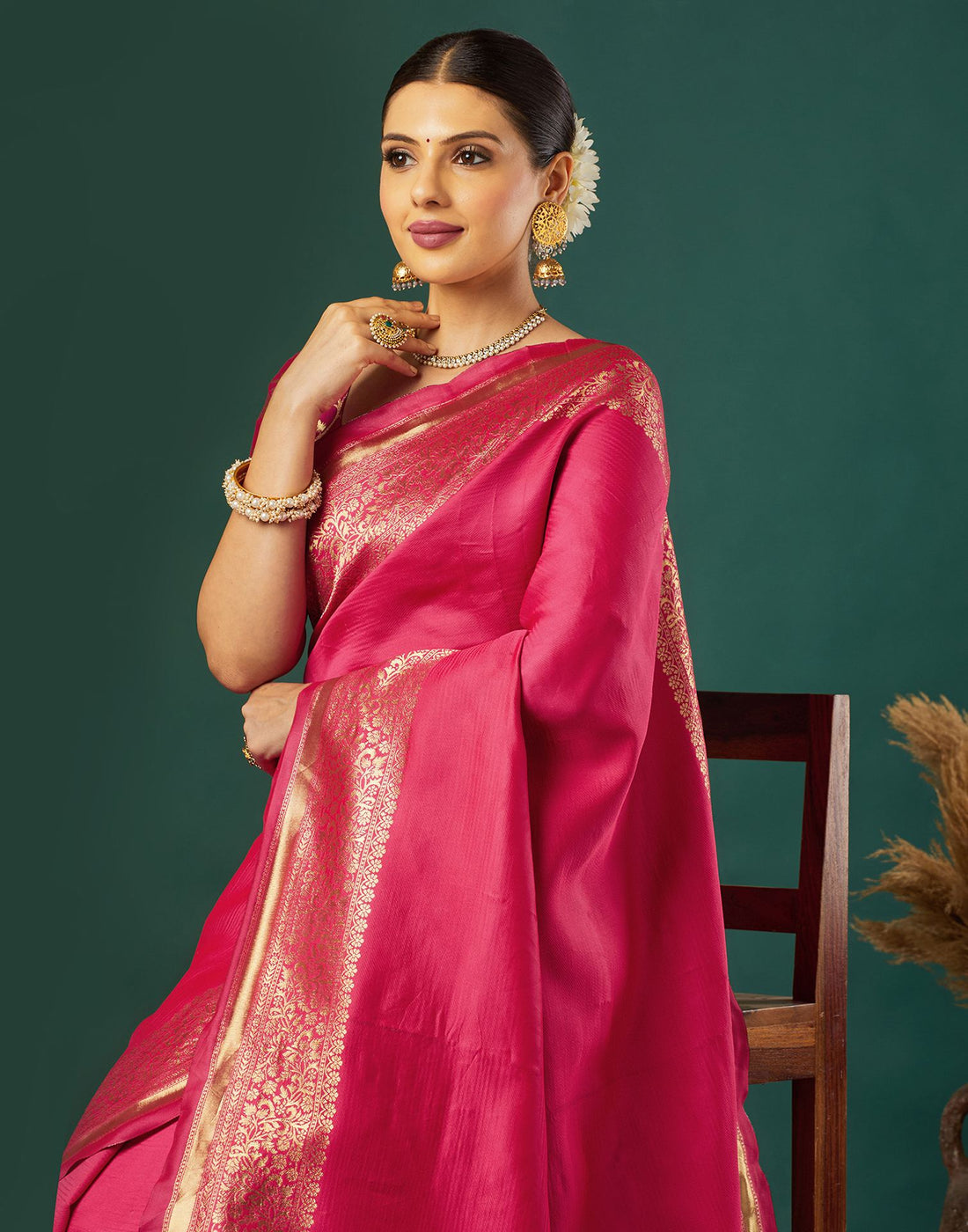 Bright Pink Silk Woven Banarasi Saree