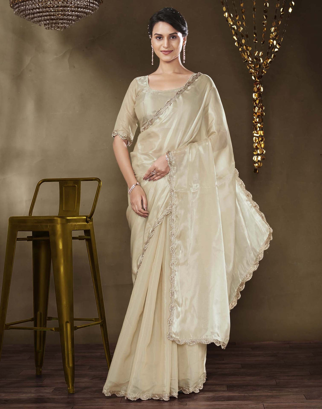 Beige Tissue Silk Lace Plain Saree