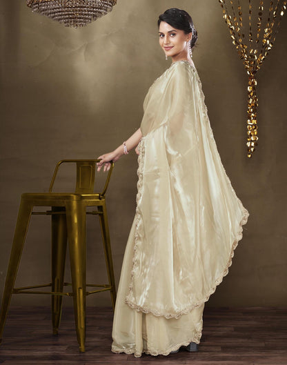 Beige Tissue Silk Lace Plain Saree