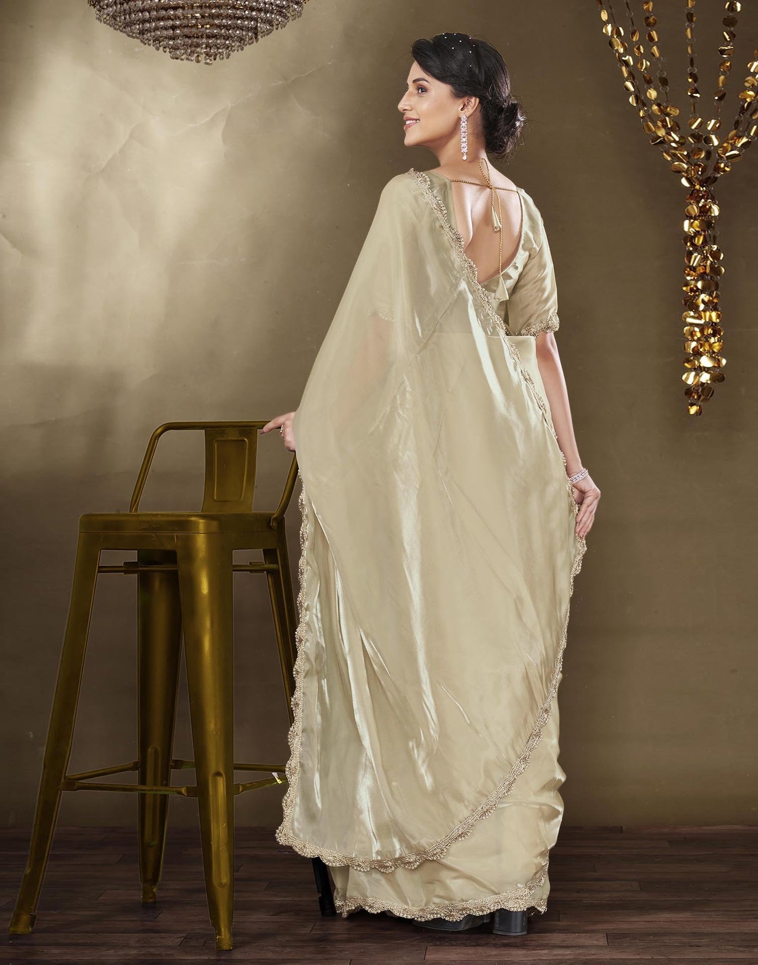 Beige Tissue Silk Lace Plain Saree