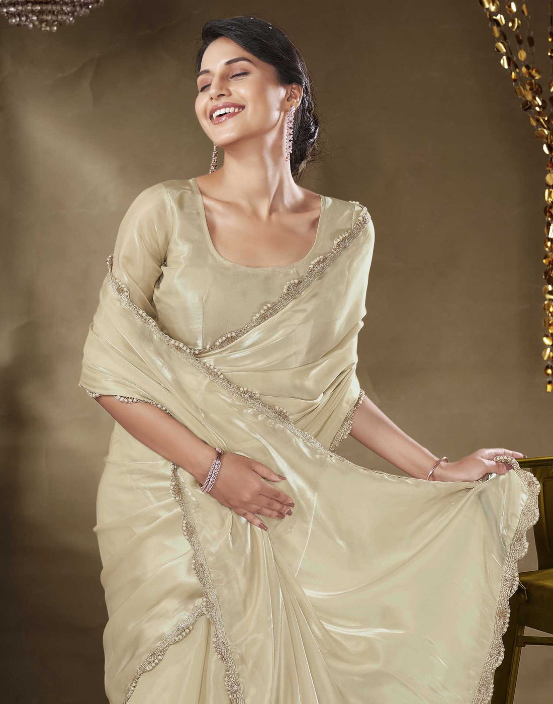 Beige Tissue Silk Lace Plain Saree
