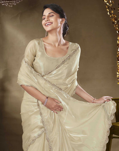 Beige Tissue Silk Lace Plain Saree