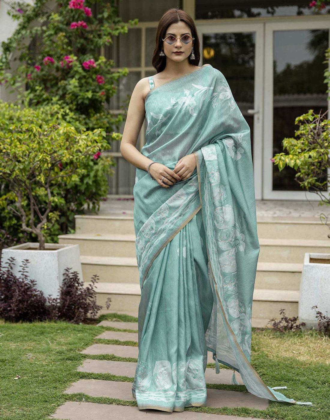 Dusty Turquoise Tussar Silk Printed Saree