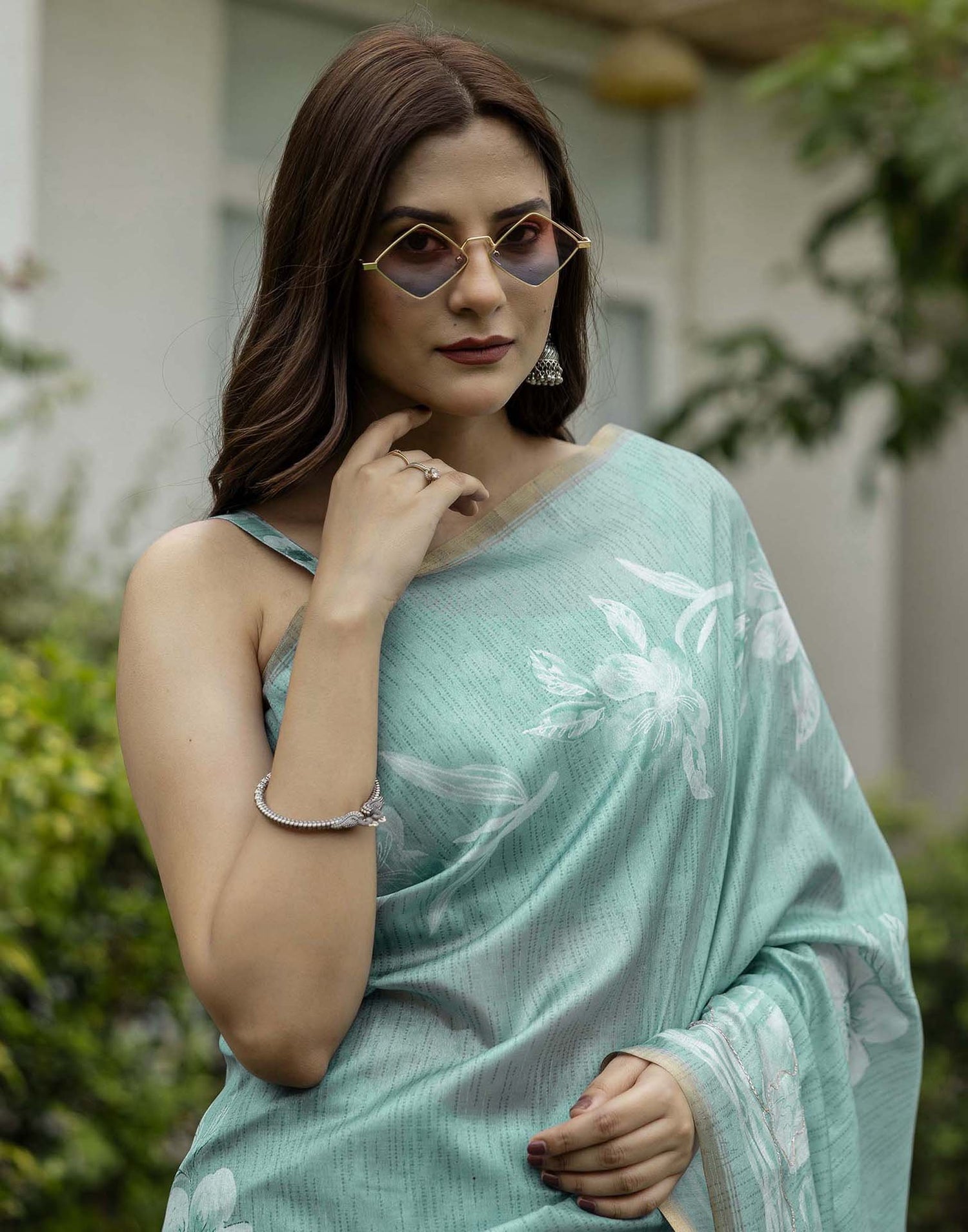 Dusty Turquoise Tussar Silk Printed Saree